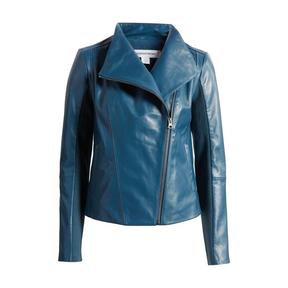 🆕 NORDSTROM Leather Moto Zip Jacket Blue Large (10-12) - Picture 5 of 10
